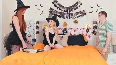 Lauren Philips And Horny Haley Spades Take Two Magic Cocks In Halloween Foursome Fuck