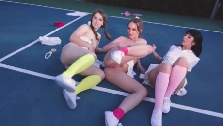 Daphne Dare plays tennis with her friend before horny dude destroys their pussies