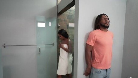 Ebony bombshell walks out of the shower to get laid with her stepson