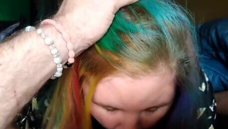 Rainbow haired pixie pawg gives amazing quickie blowjob while she is supposed to be working